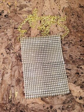 Gold Chain Mesh Crossbody Bag with Rhinestone Grid